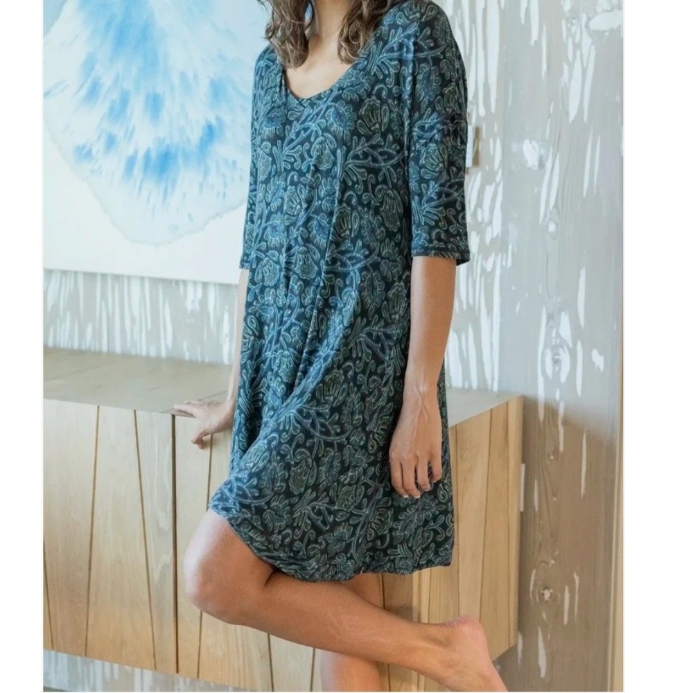 Natural Life Mini Tee Dress Womens Medium Green Floral Vine Elbow Sleeve NWT